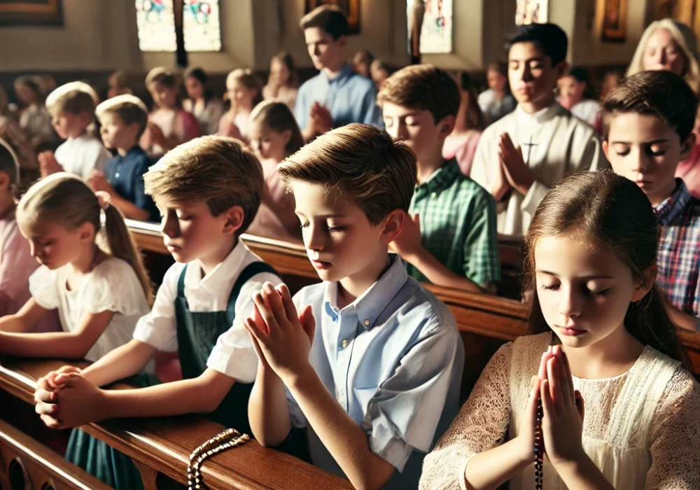 DALL·E 2024-09-23 16.17.46 - A group of Catholic children from diverse backgrounds kneeling and praying with deep concentration in a traditional Catholic church, without any adult