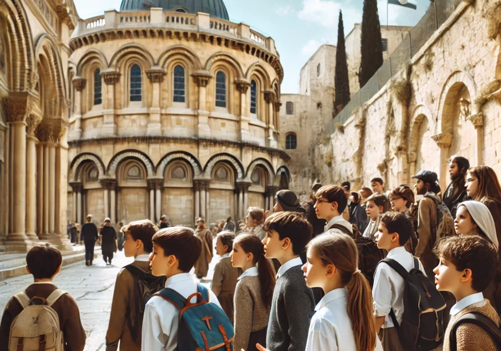 DALL·E 2024-09-23 16.18.42 - A group of Catholic children from diverse backgrounds walking and exploring the Holy Land with awe and curiosity. They are dressed in modest clothing,